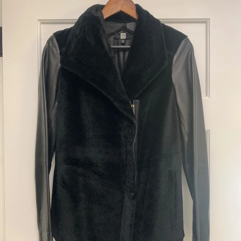 Saks Fifth Avenue Black Leather and Sheared Sheepskin Fur Coat - Picture 1 of 6